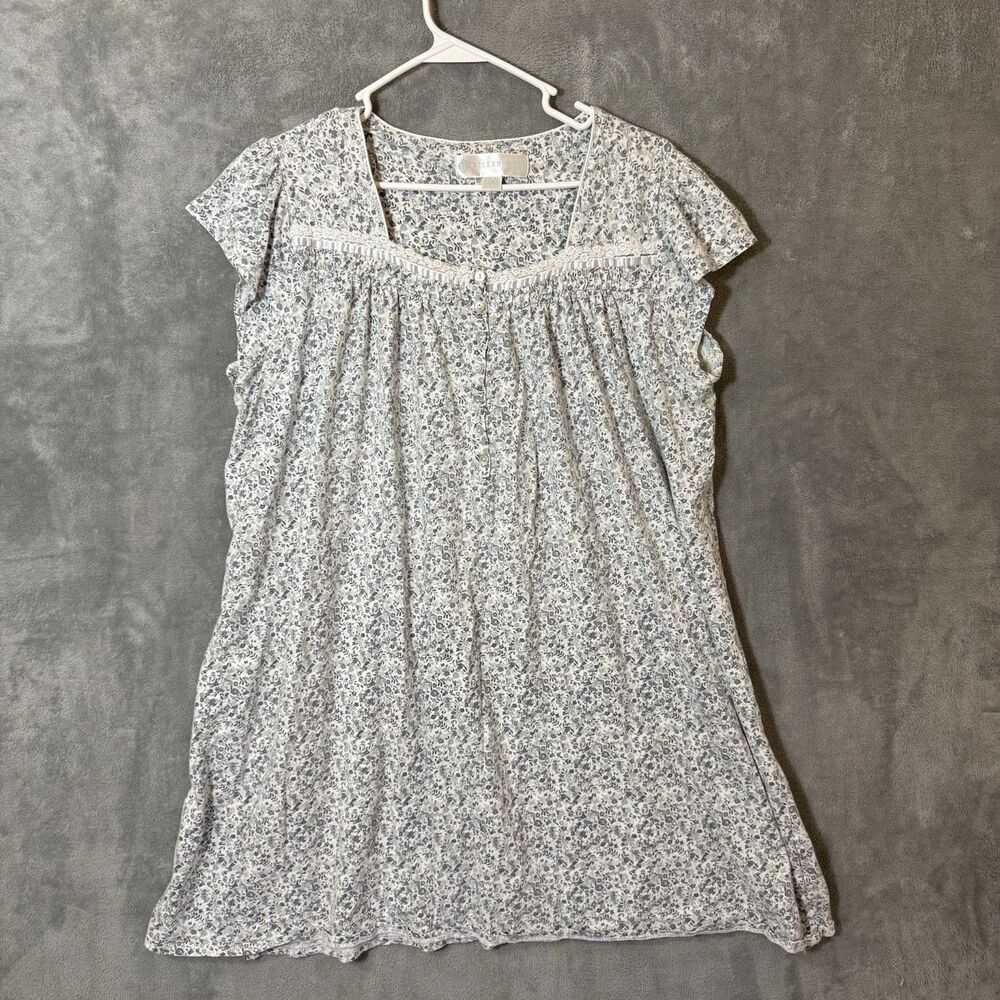 Eileen West Nightgown Women's Large Cotton Floral Blue Gray Cap Sleeve Lace Trim